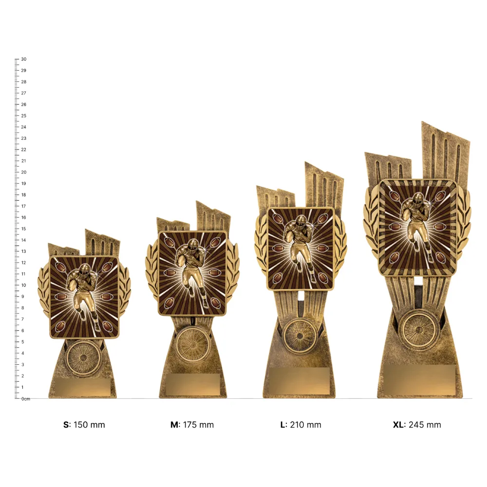 American Football Antique Gold Lynx trophies next to ruler