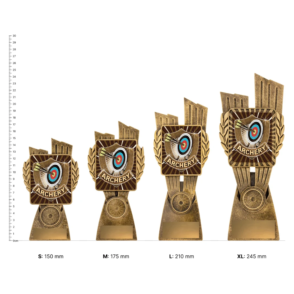 Archery Antique Gold Lynx trophies next to ruler