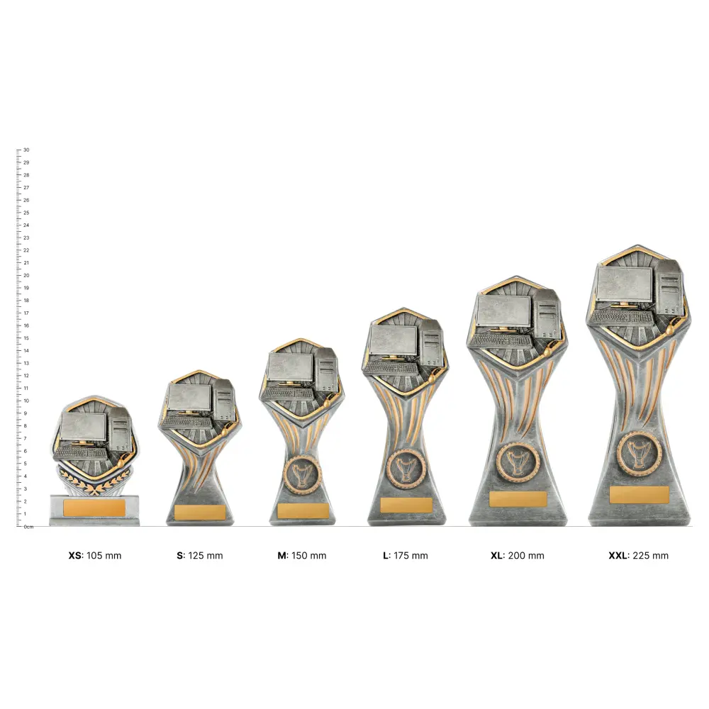 Computers Gladiator Series trophies next to ruler