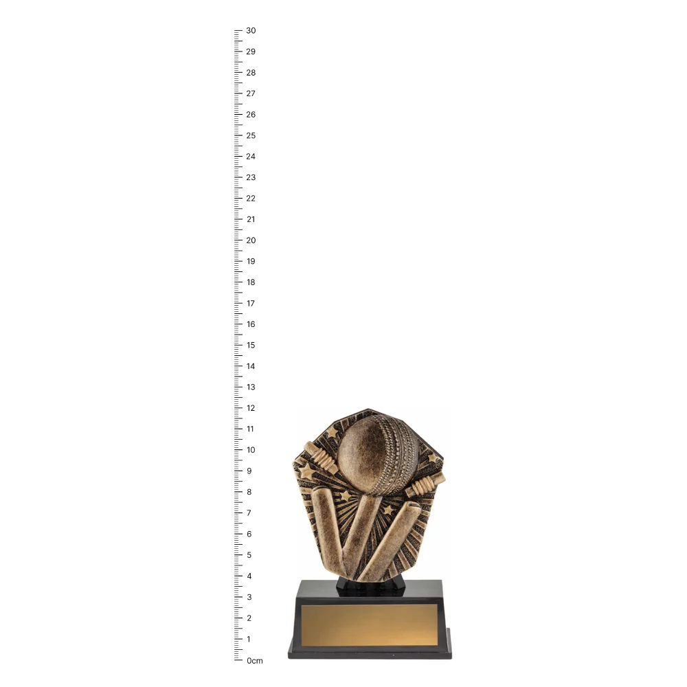 Cricket Cosmos Super Mini trophy next to ruler