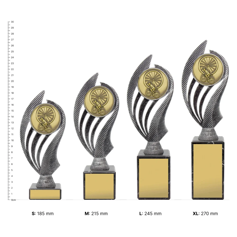 Cycling Husky trophies next to ruler