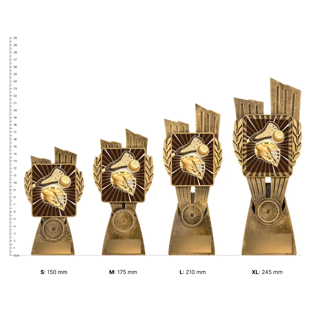 Lacrosse Antique Gold Lynx trophies next to ruler