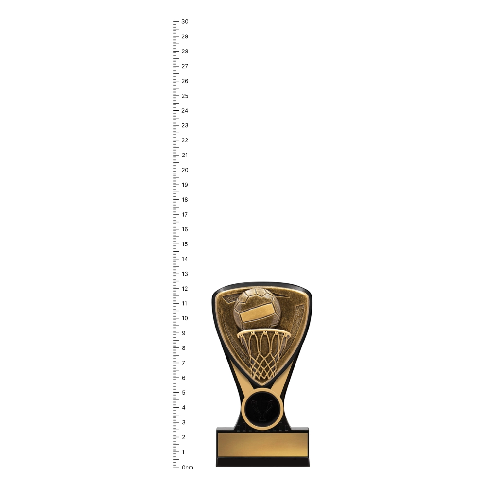 Netball Nova Mini trophy next to ruler