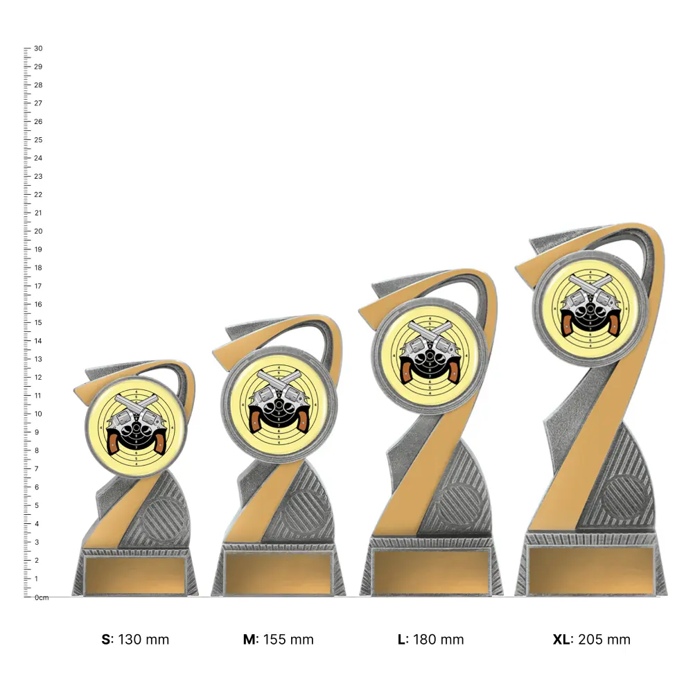 Revolver Arclight Colour trophies next to ruler