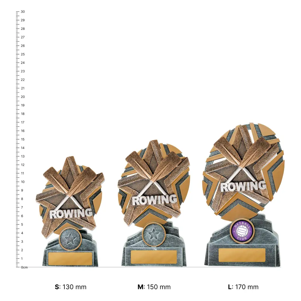 Rowing Starburst Stand trophies next to ruler