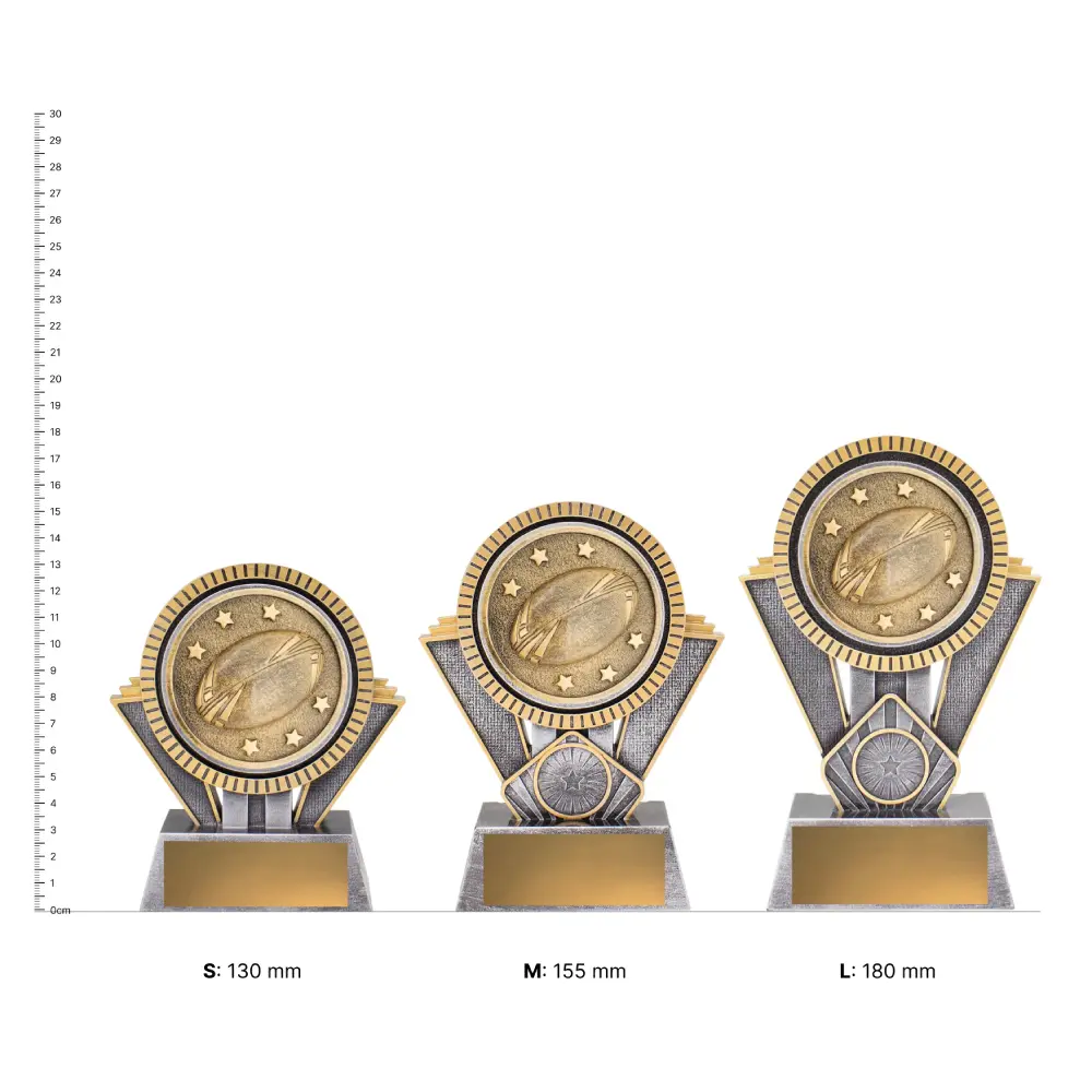 Rugby Spartan Series trophies next to ruler