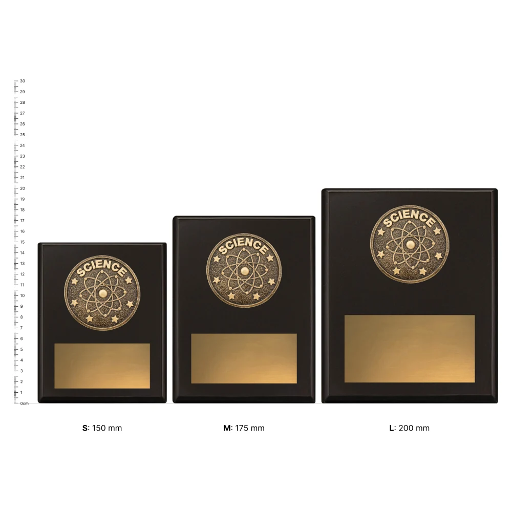 Science Challenge Plaque trophies next to ruler