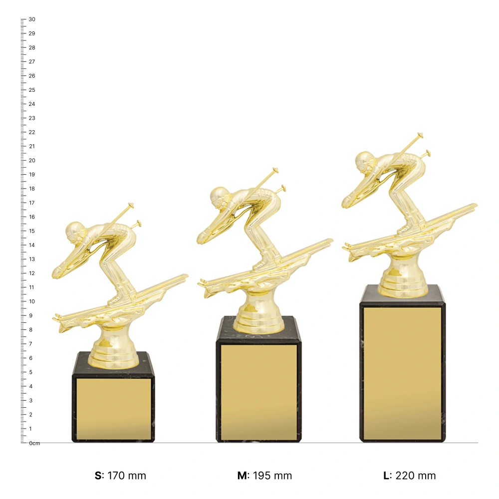 Ski Marble Column trophies next to ruler