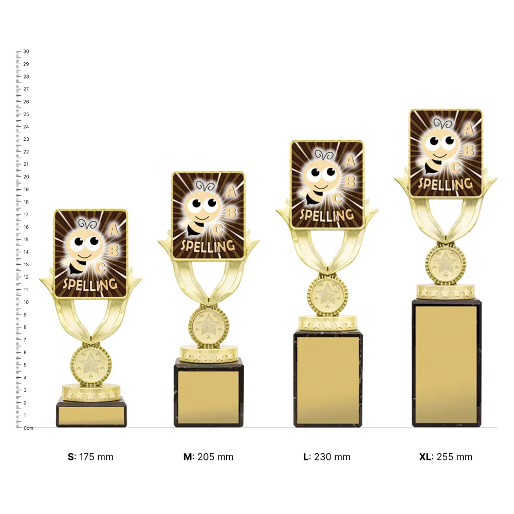Spelling Lynx Sentry trophies next to ruler