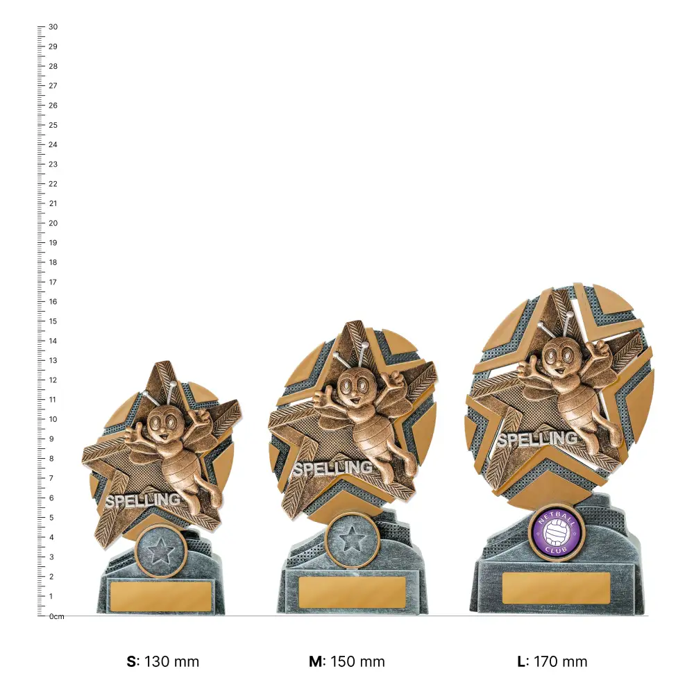 Spelling Starburst Stand trophies next to ruler