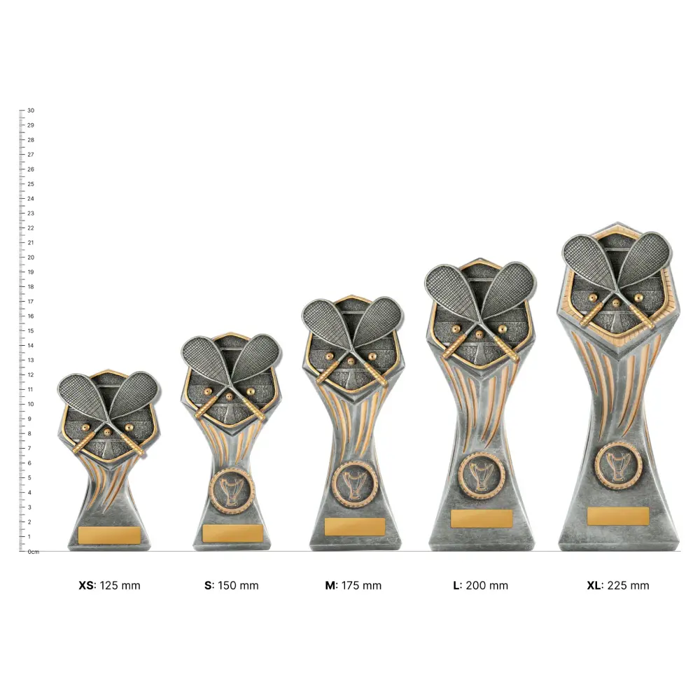 Squash Gladiator Series trophies next to ruler
