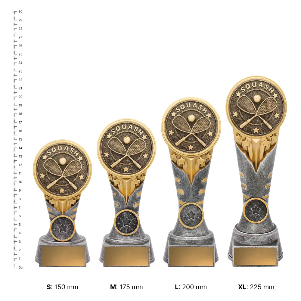 Squash IKON trophies next to ruler
