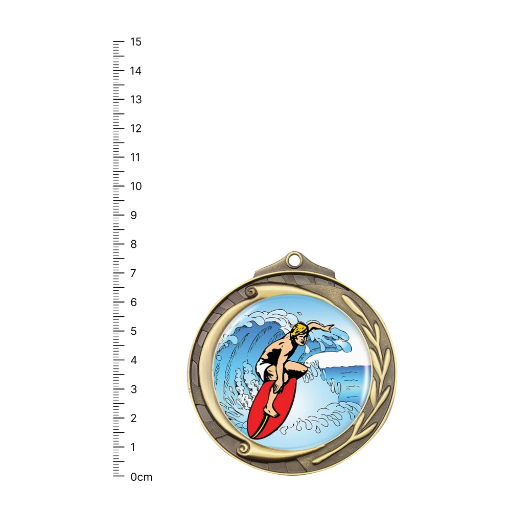 Surfing Wreath gold next to ruler
