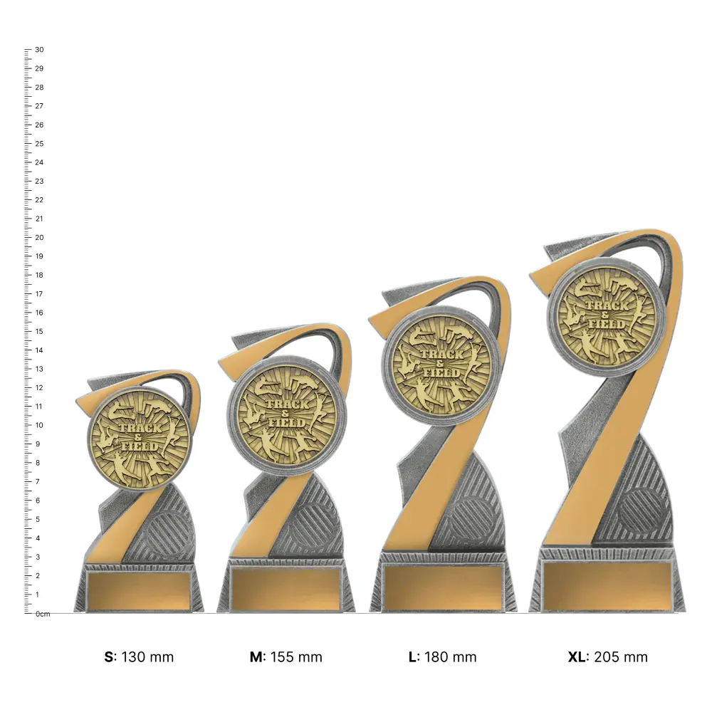 Track & Field Arclight Gold trophies next to ruler