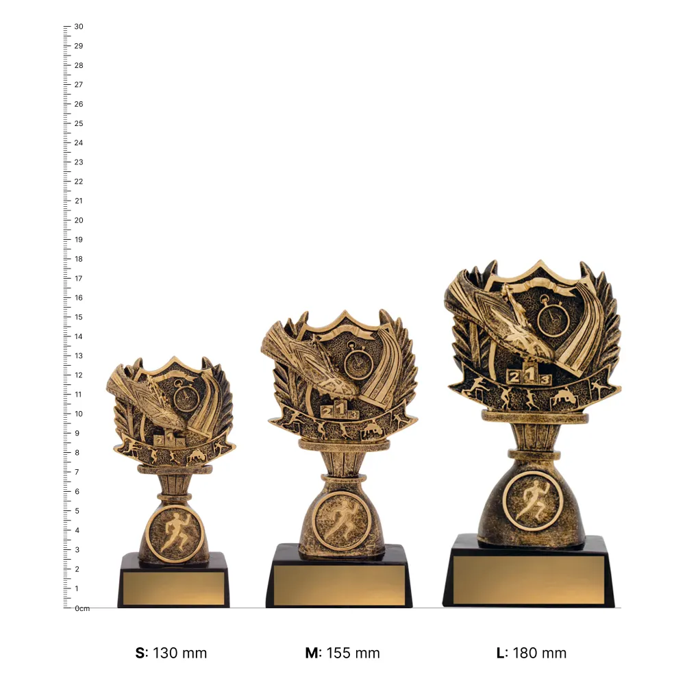 Track & Field Budget Shield trophies next to ruler