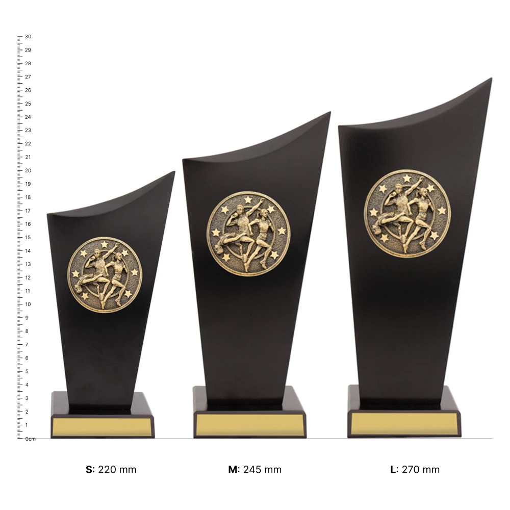 Track & Field Spartan Crest trophies next to ruler