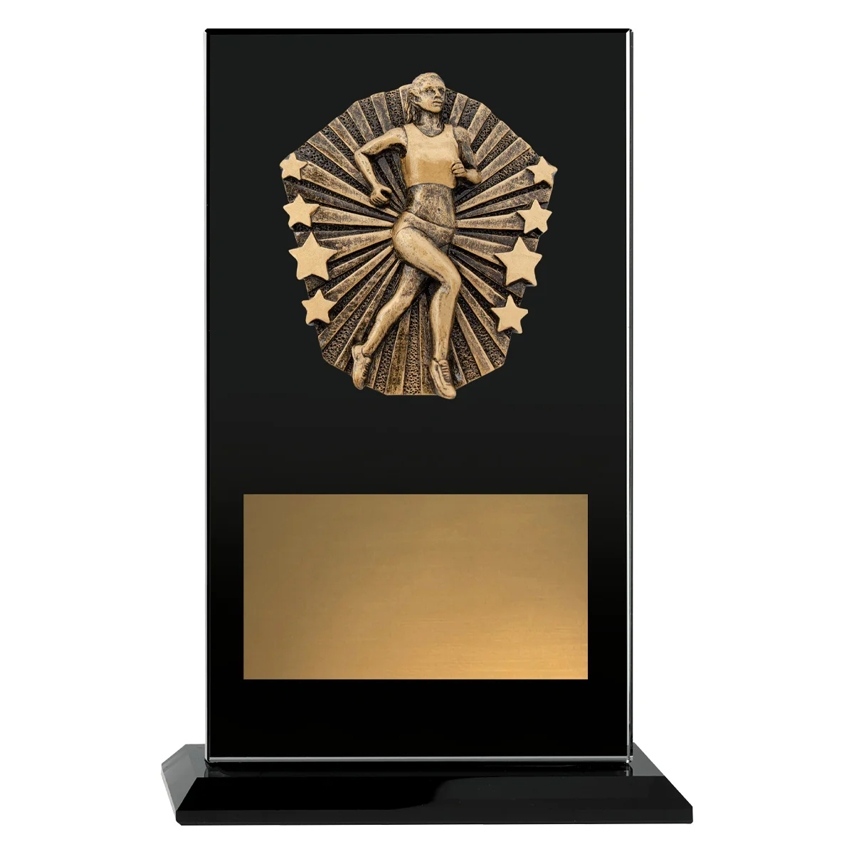 Black cosmos glass - female running with glass construction