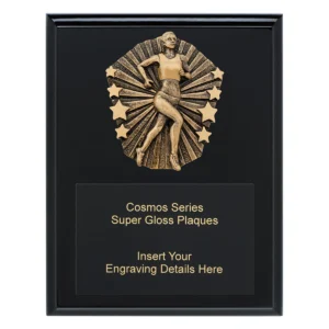 Black cosmos super plaque - female running with timber construction