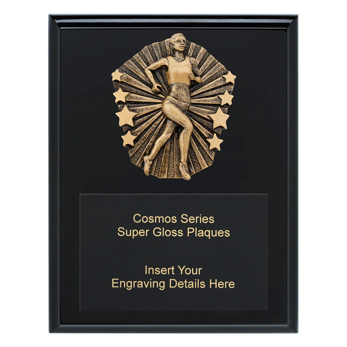 Black cosmos super plaque - female running with timber construction