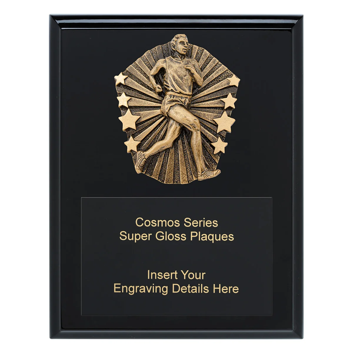 Black cosmos super plaque - male running with timber construction