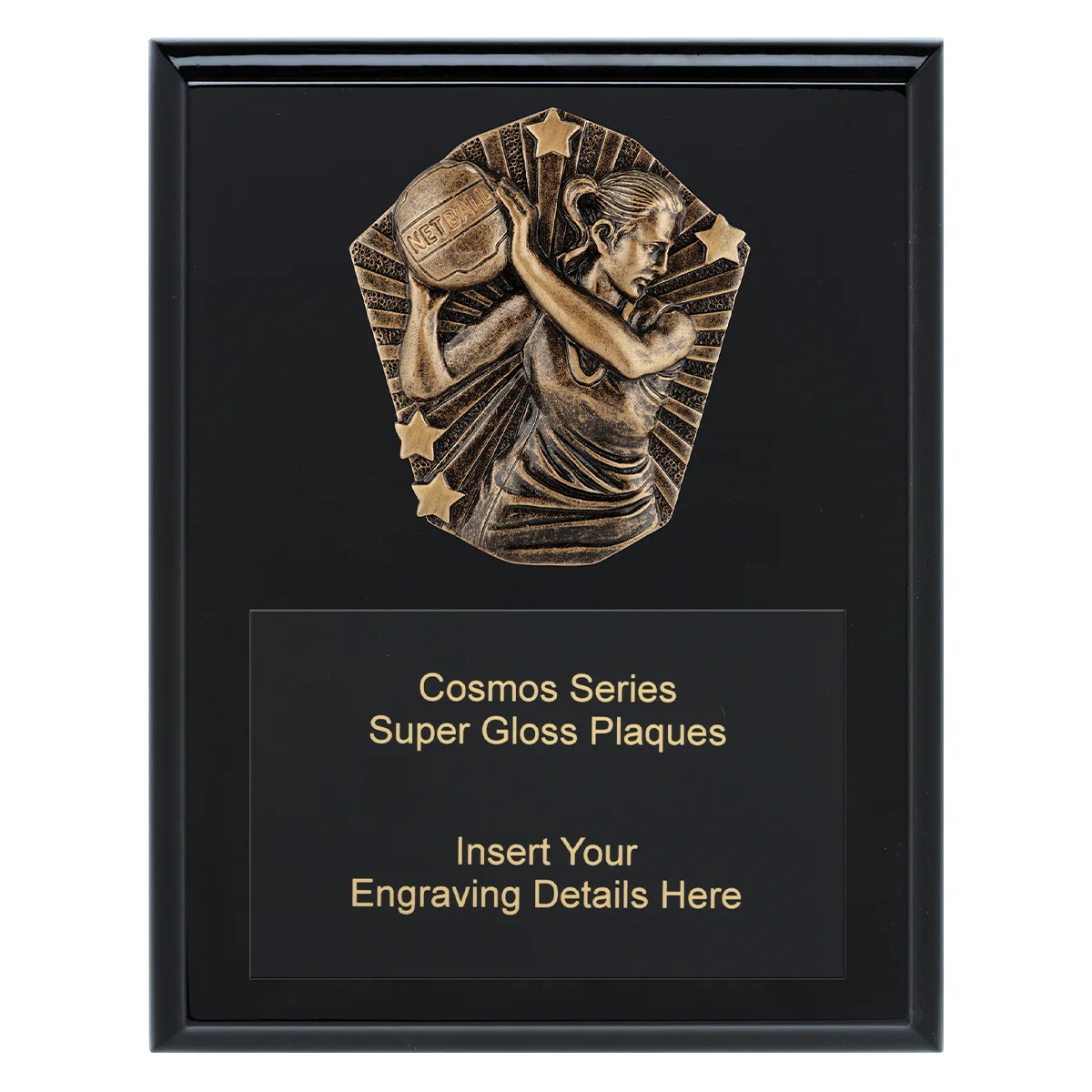 Black cosmos super plaque - netball with timber construction