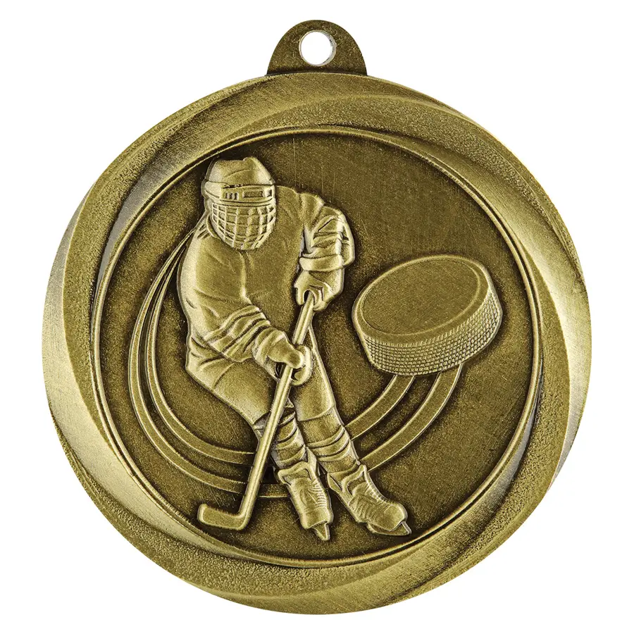 Gold econo ice hockey medal with metal construction
