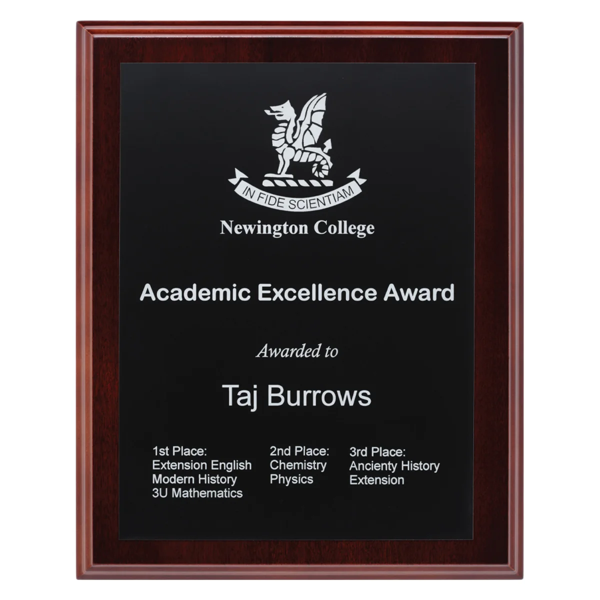 Walnut engraved plaques - black / silver with timber construction