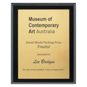 Black engraved plaques - brushed gold with timber construction
