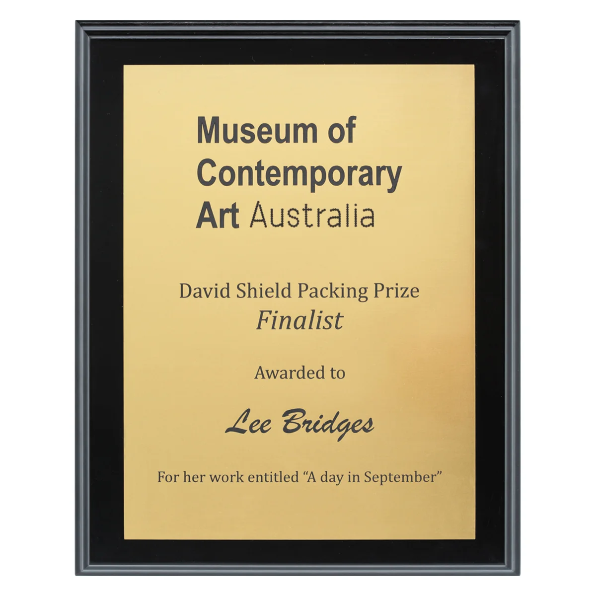 Black engraved plaques - brushed gold with timber construction