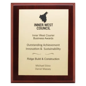 Walnut engraved plaques - european gold with timber construction