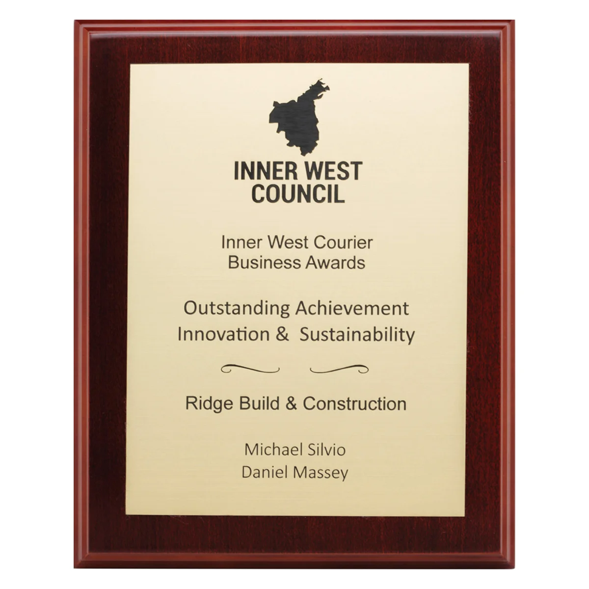 Walnut engraved plaques - european gold with timber construction