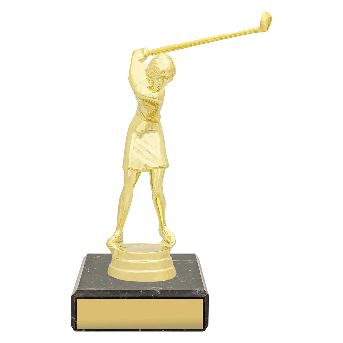 Gold figure trophy - female golf with plastic / marble construction