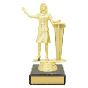 Gold figure trophy - female public speaking with plastic / marble construction