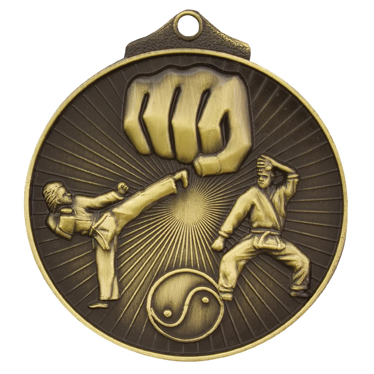 Gold karate medal with metal construction