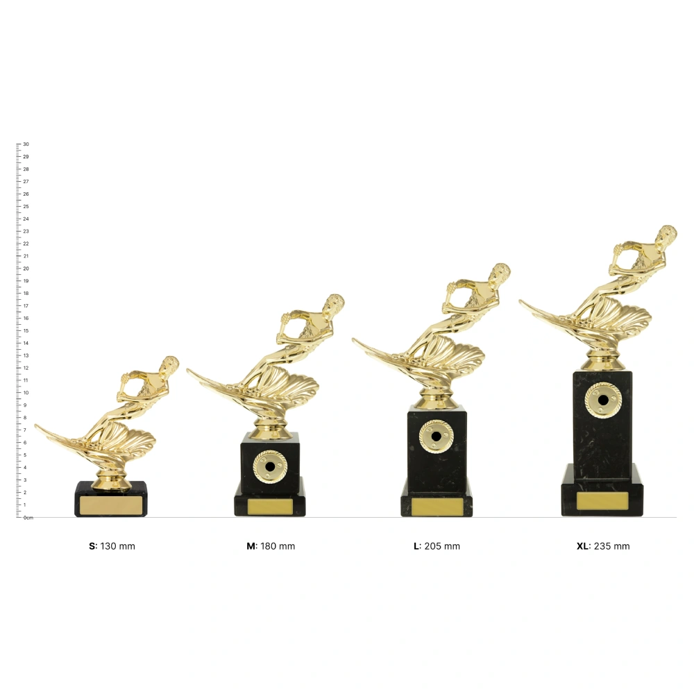 male water ski trophies next to ruler
