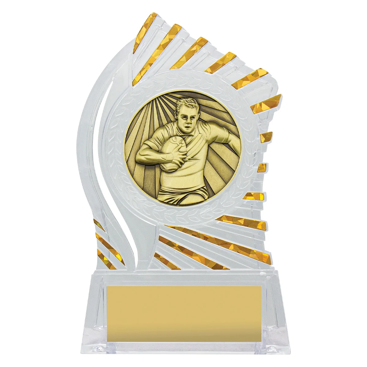 Clear with gold solar male rugby with acrylic construction