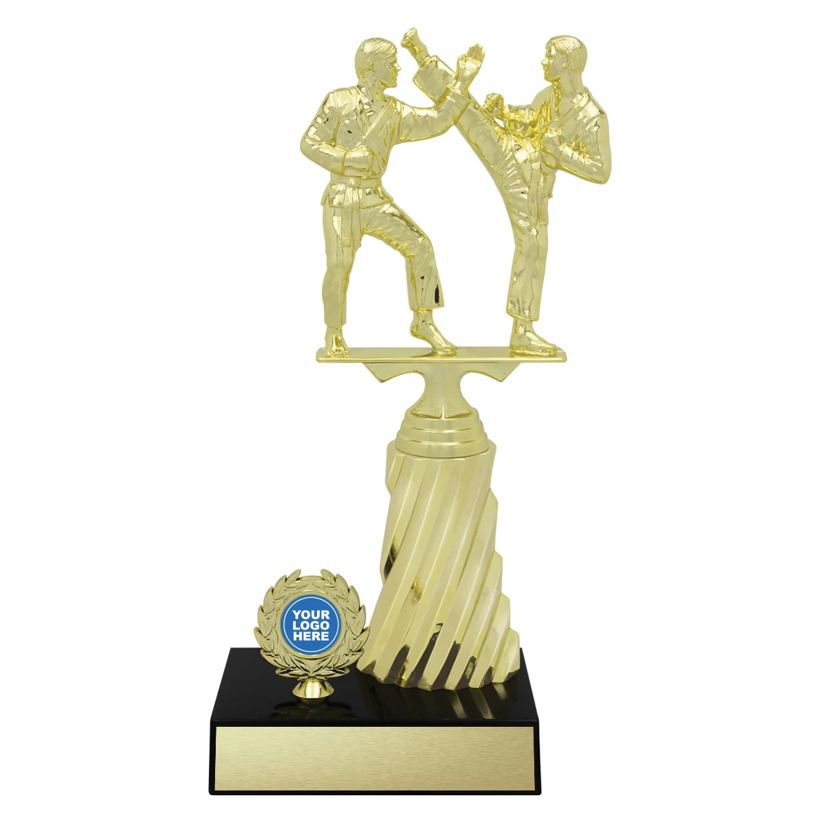 Gold spiral trophy with plastic / timber construction