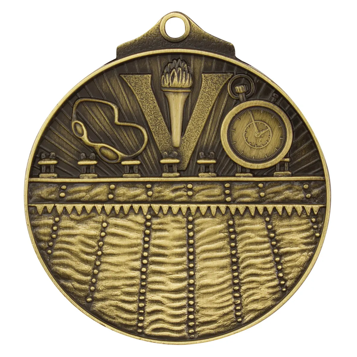 Gold swim medal with metal construction