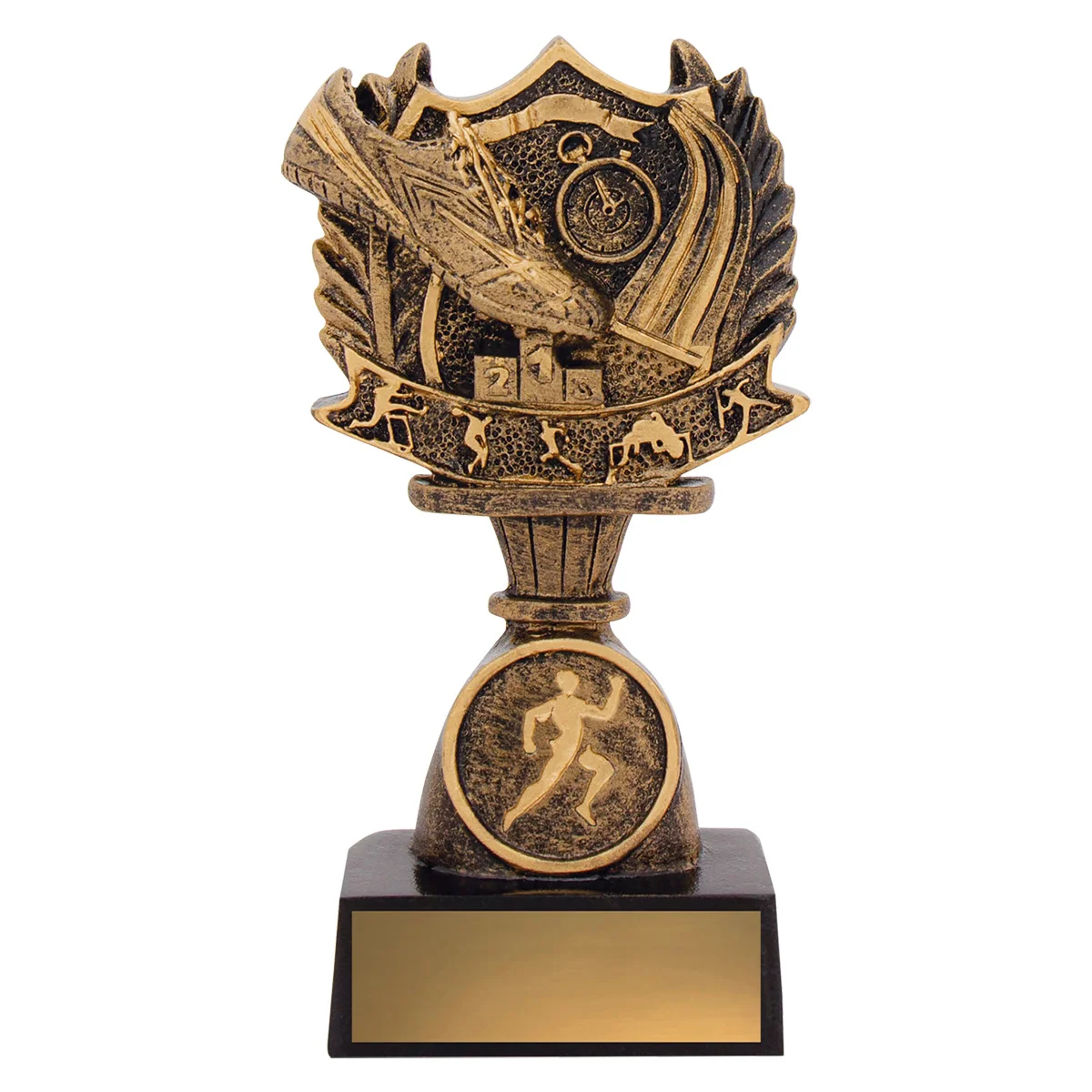 Gold track & field budget shield with resin construction