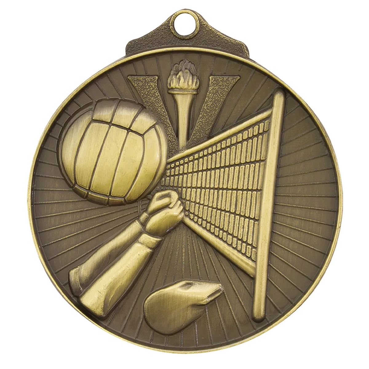 Gold volleyball medal with metal construction