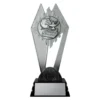 black and silver trophy with lamp, books and globe
