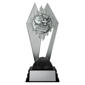 black and silver trophy with lamp, books and globe