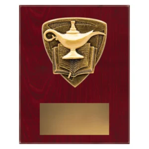 Academic plaque with lamp of knowledge and open book emblem on a wooden plaque.
