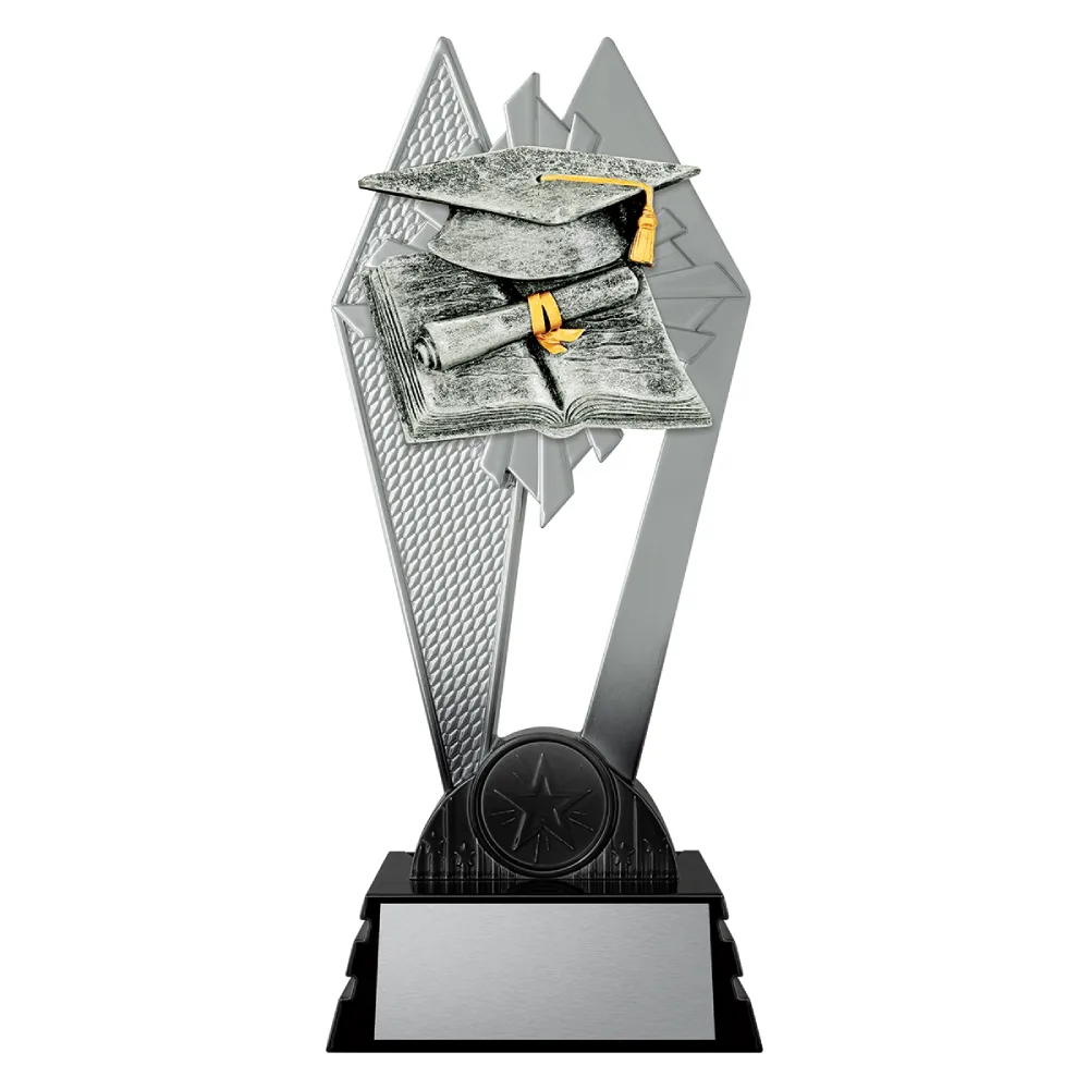 black and silver trophy with graduation cap and books
