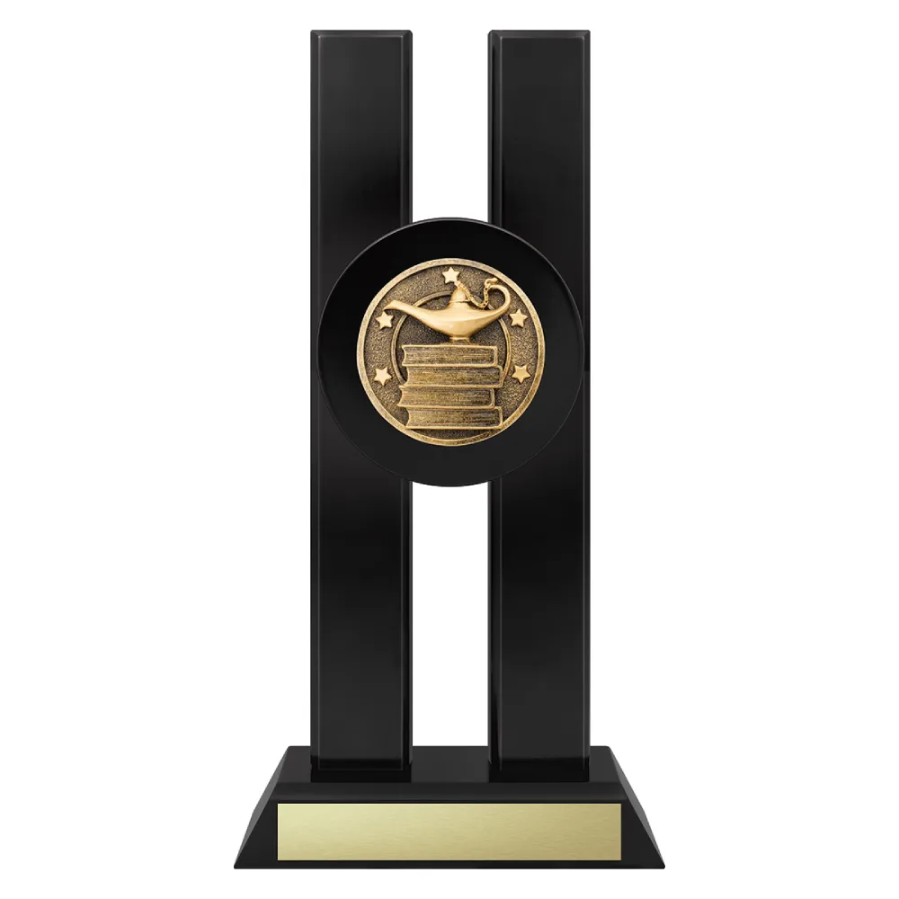 Academic trophy with lamp of knowledge and books emblem on a black base.
