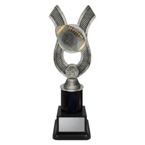 american football trophy with football on a black base.