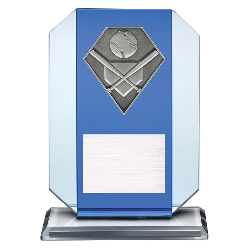 baseball glass award with bats and ball emblem on a blue glass plaque.