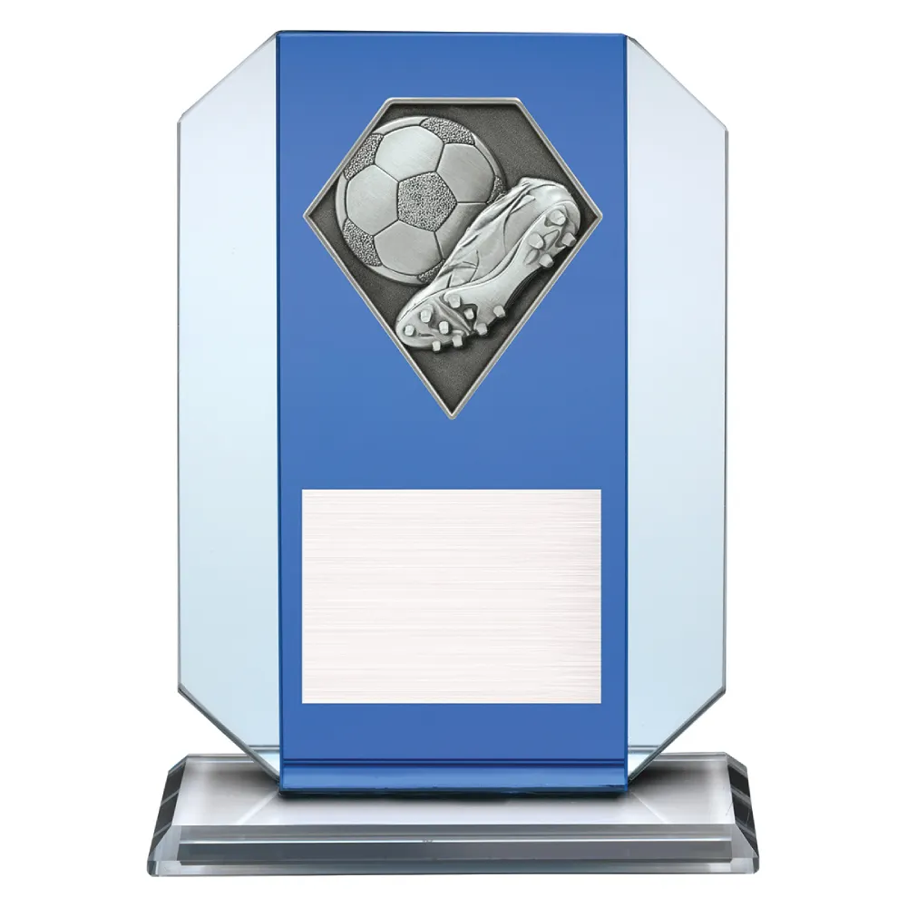 Football glass award with boot and ball emblem on a blue glass plaque.