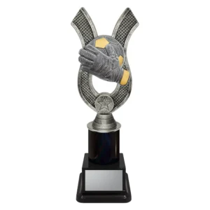 black and silver football trophy with glove and ball on a black base.