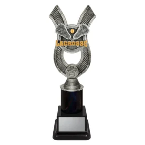 lacrosse trophy with sticks and ball on a black base.
